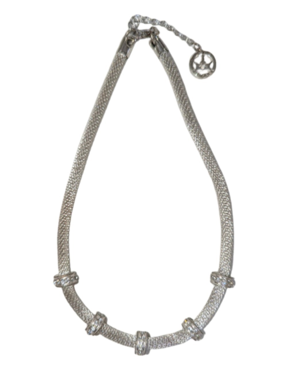 Trifari Silver Mesh Collar Necklace Crystal Rondelle Statement Minimalist Chic